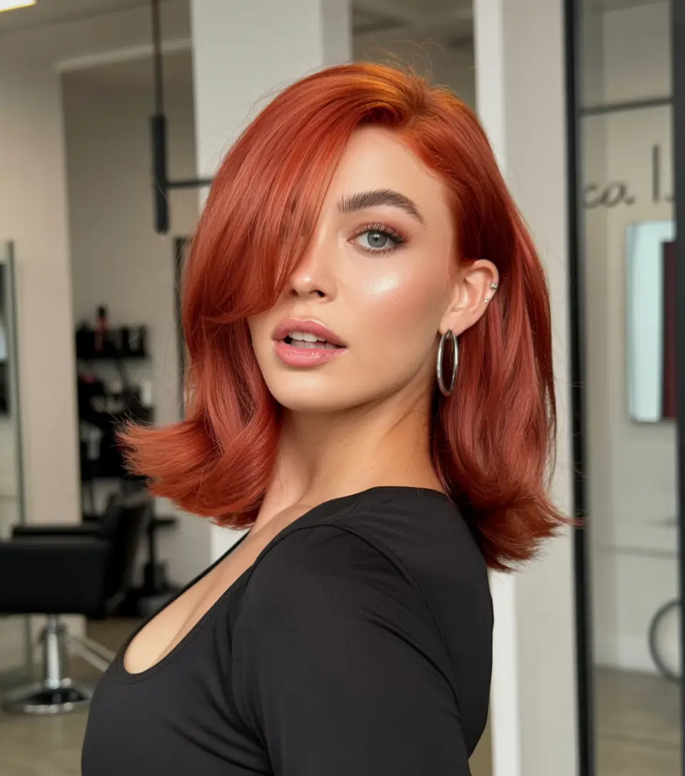 haircut ideas winter Copper Swooped Medium Cut With Polished Bounce