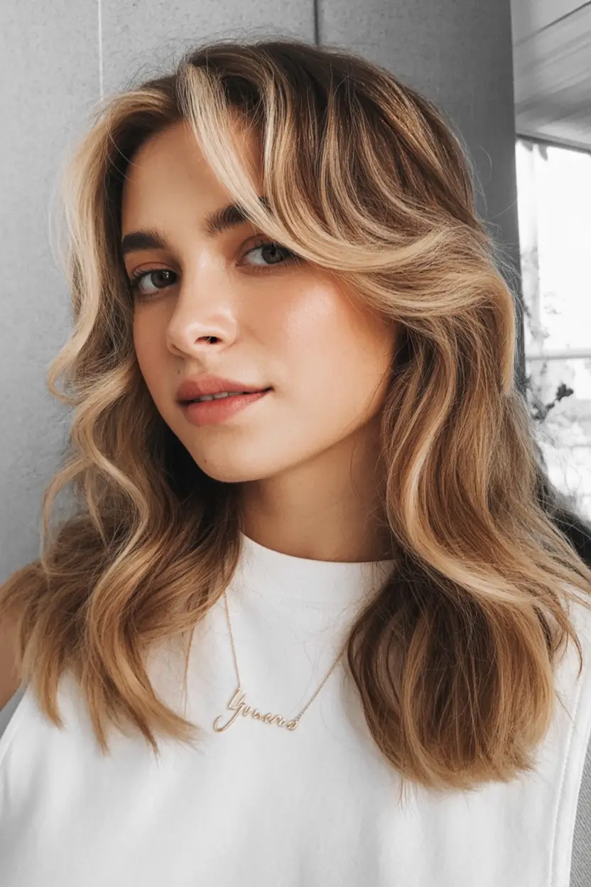 haircut ideas winter Soft Honey Swirl Waves With Bright Winter Lift