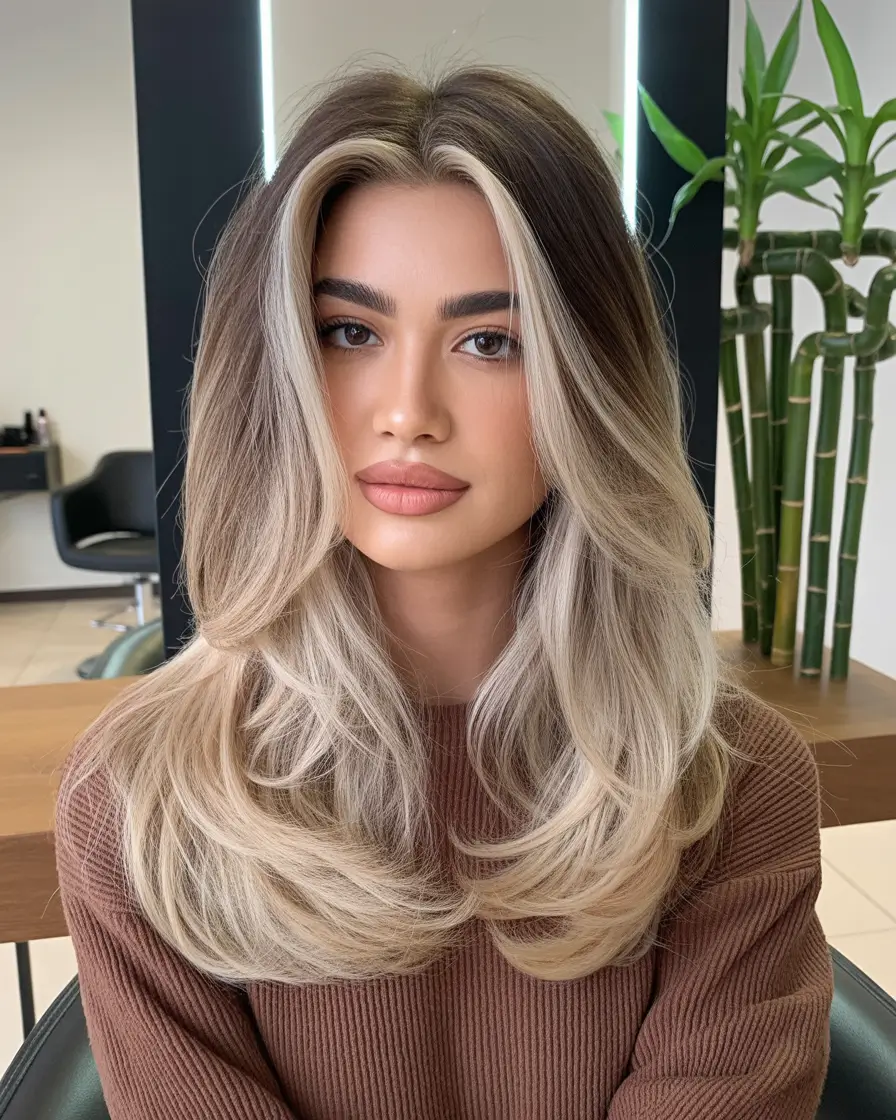 haircut ideas winter High Contrast Winter Blonde With Voluminous Layers