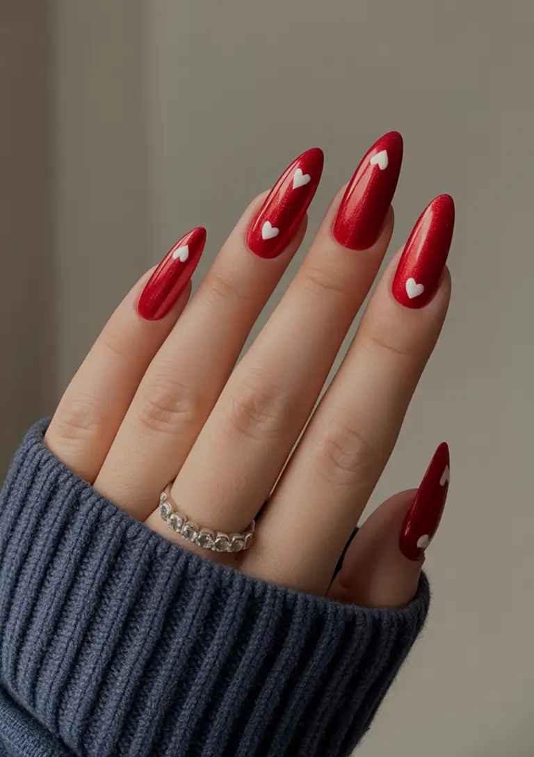 february nails designs 2026 Red Sweetheart Shimmer Nails