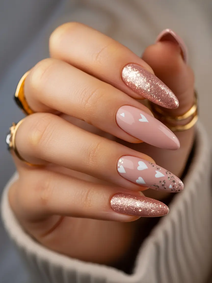 february nails designs 2026 Rosy Hearts and Glitter Almond Nails