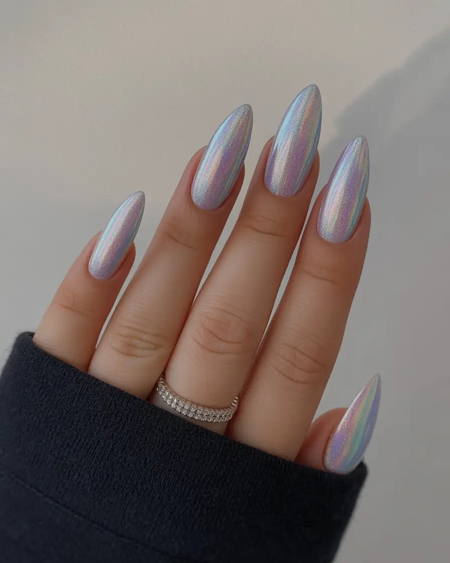 february nails designs 2026 Icy Unicorn Chrome Almond Nails