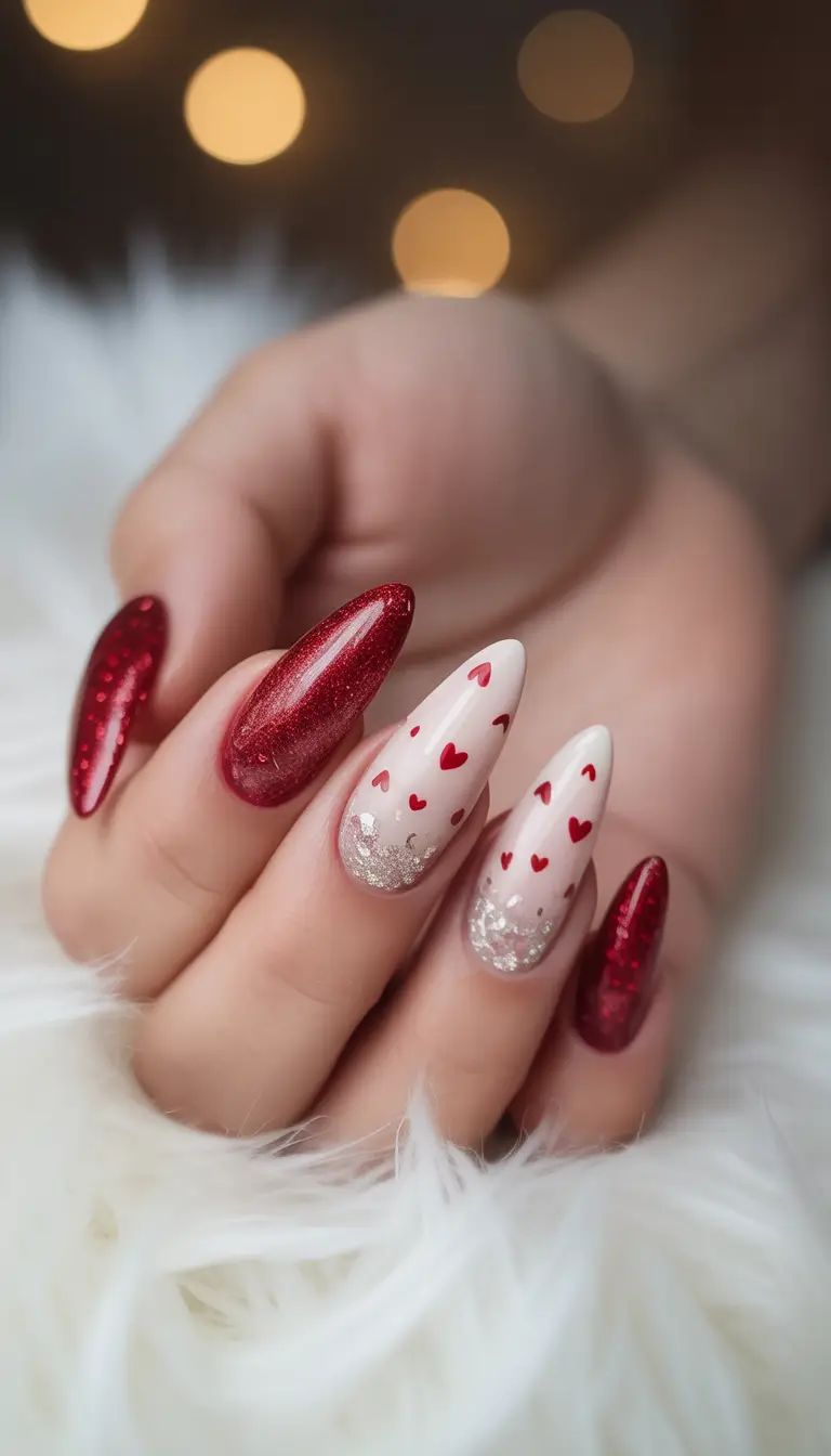february nails designs 2026 Red Romance Sparkle Nails