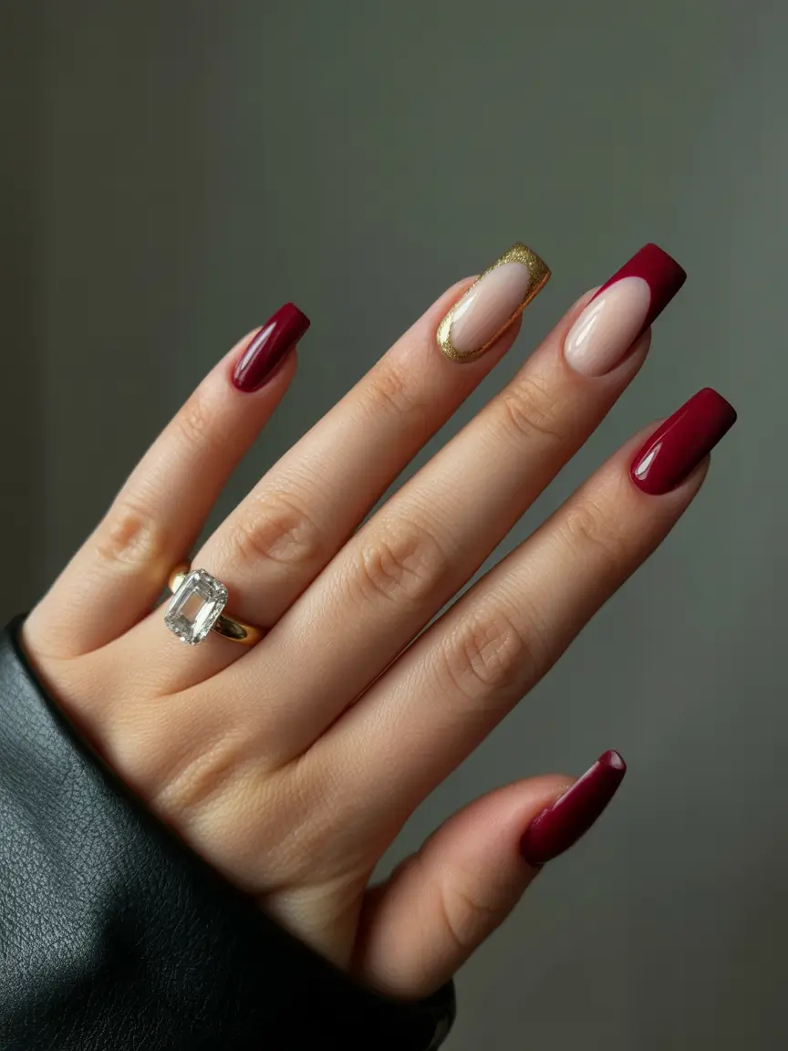 february nails designs 2026 Wine and Gold Framed Elegance Nails