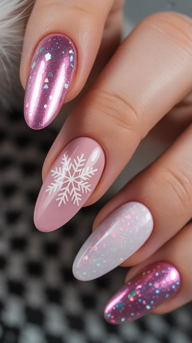 february nails designs 2026 Pink Snowflake Fantasy Nails