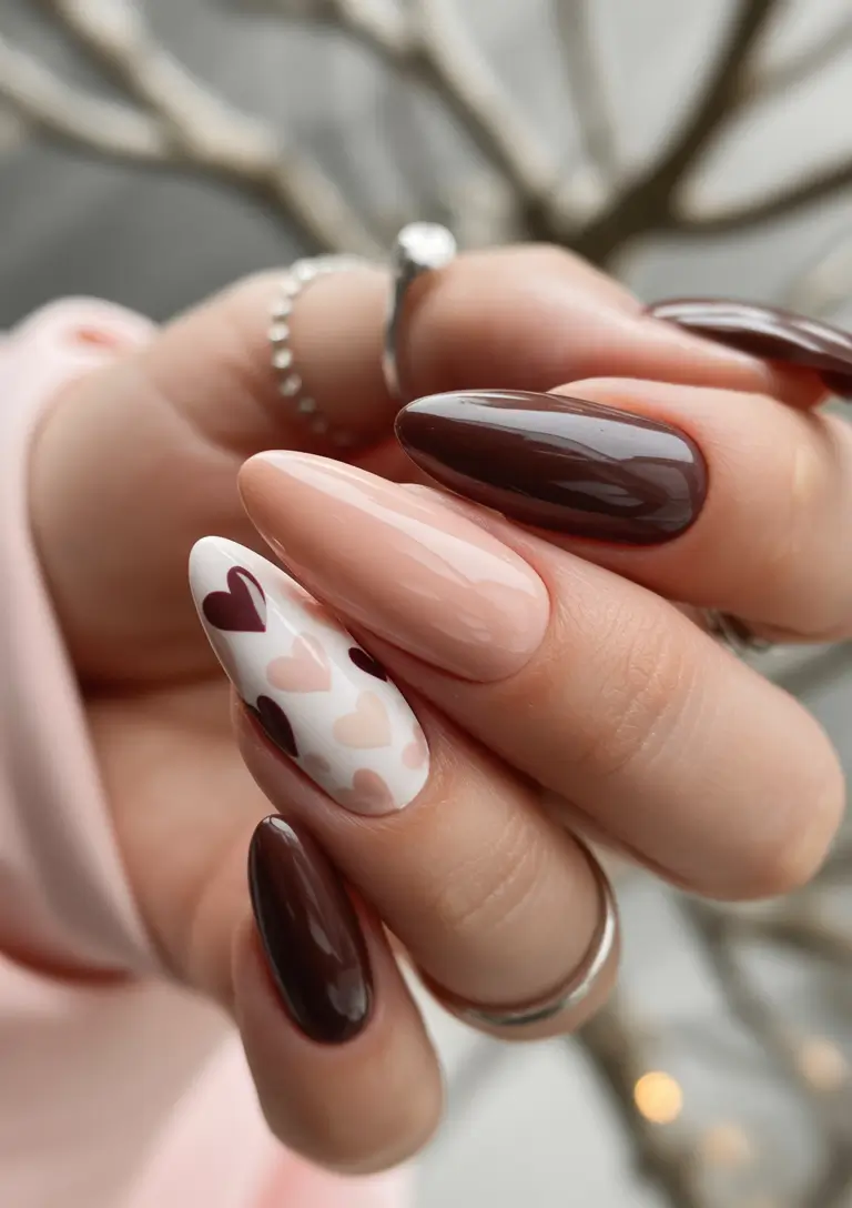 february nails designs 2026 Mocha and Hearts Almond Nails