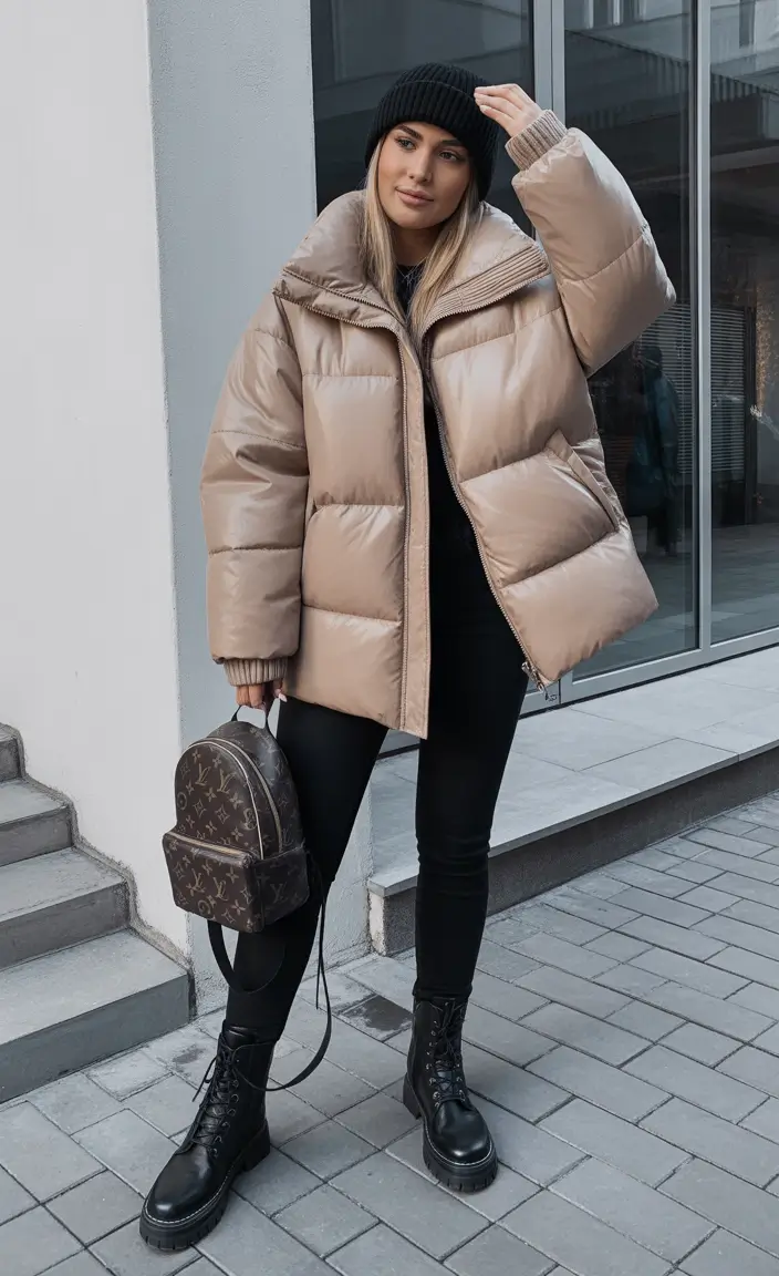 February outfits ideas 2026 Soft Beige Puffer With Everyday Winter Ease