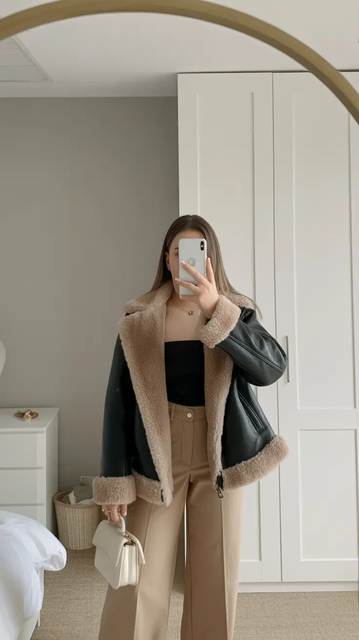 February outfits ideas 2026 Shearling Warmth With Tailored Neutral Trousers