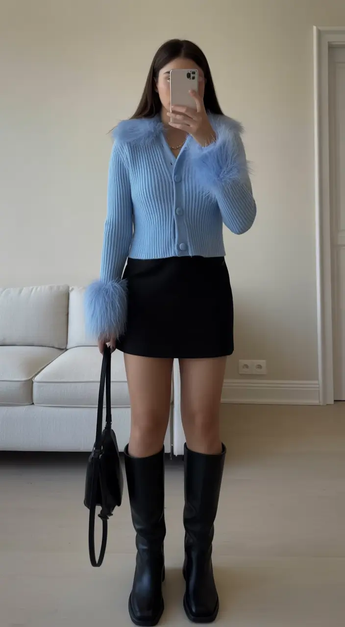 February outfits ideas 2026 Retro Blue Knit With Modern Minimal Energy