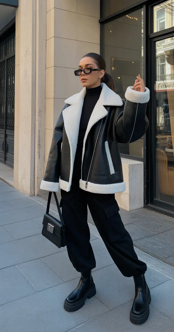 February outfits ideas 2026 Black and White Shearling With Confident Streetwear Edge
