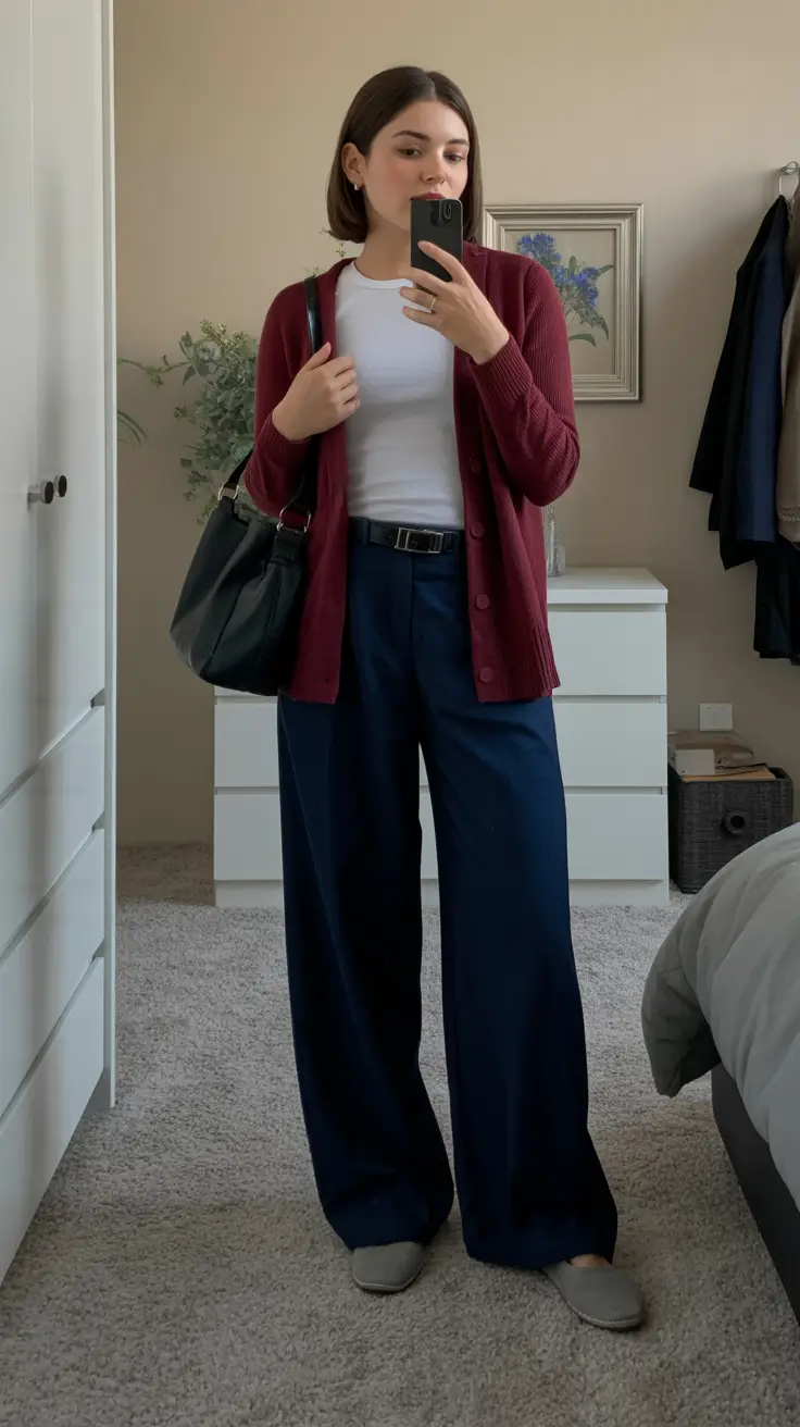 feminine midsize spring outfits 2026 Burgundy Warmth With Deep Navy Structure