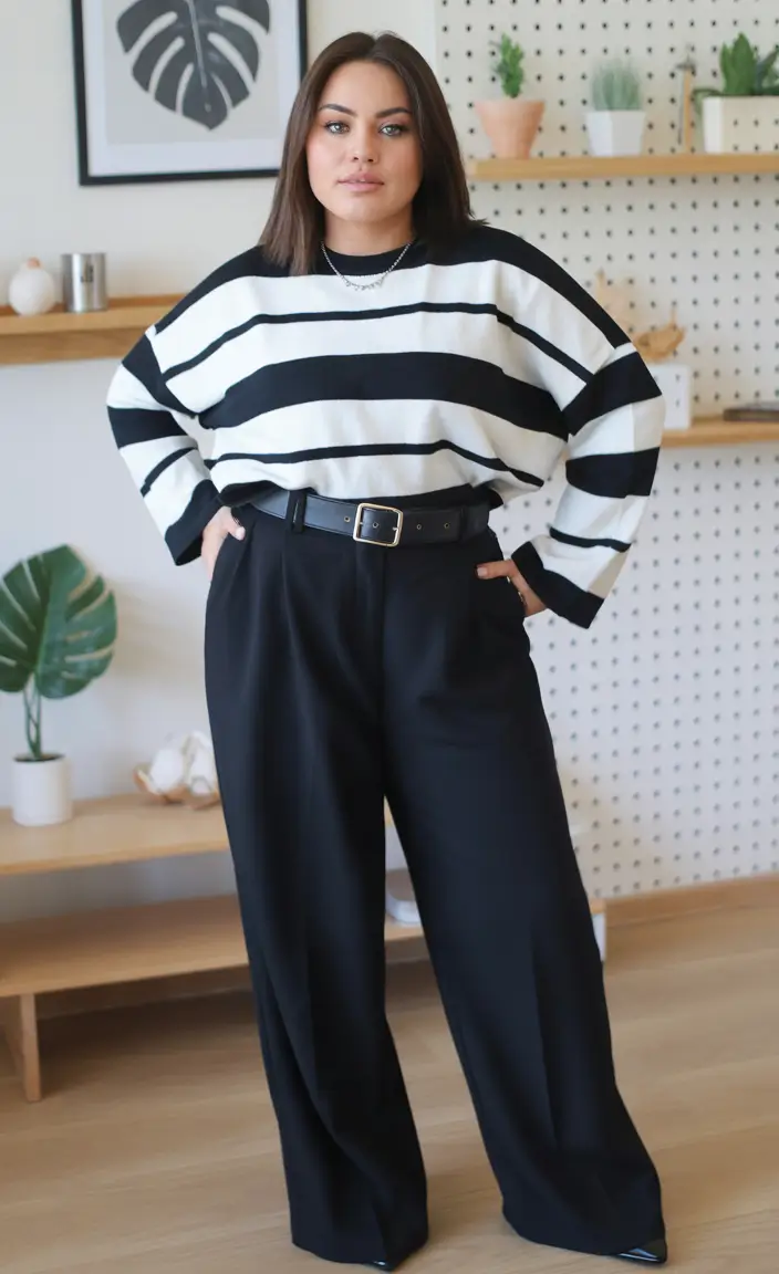 feminine midsize spring outfits 2026 Striped Knit With Tailored Black Ease