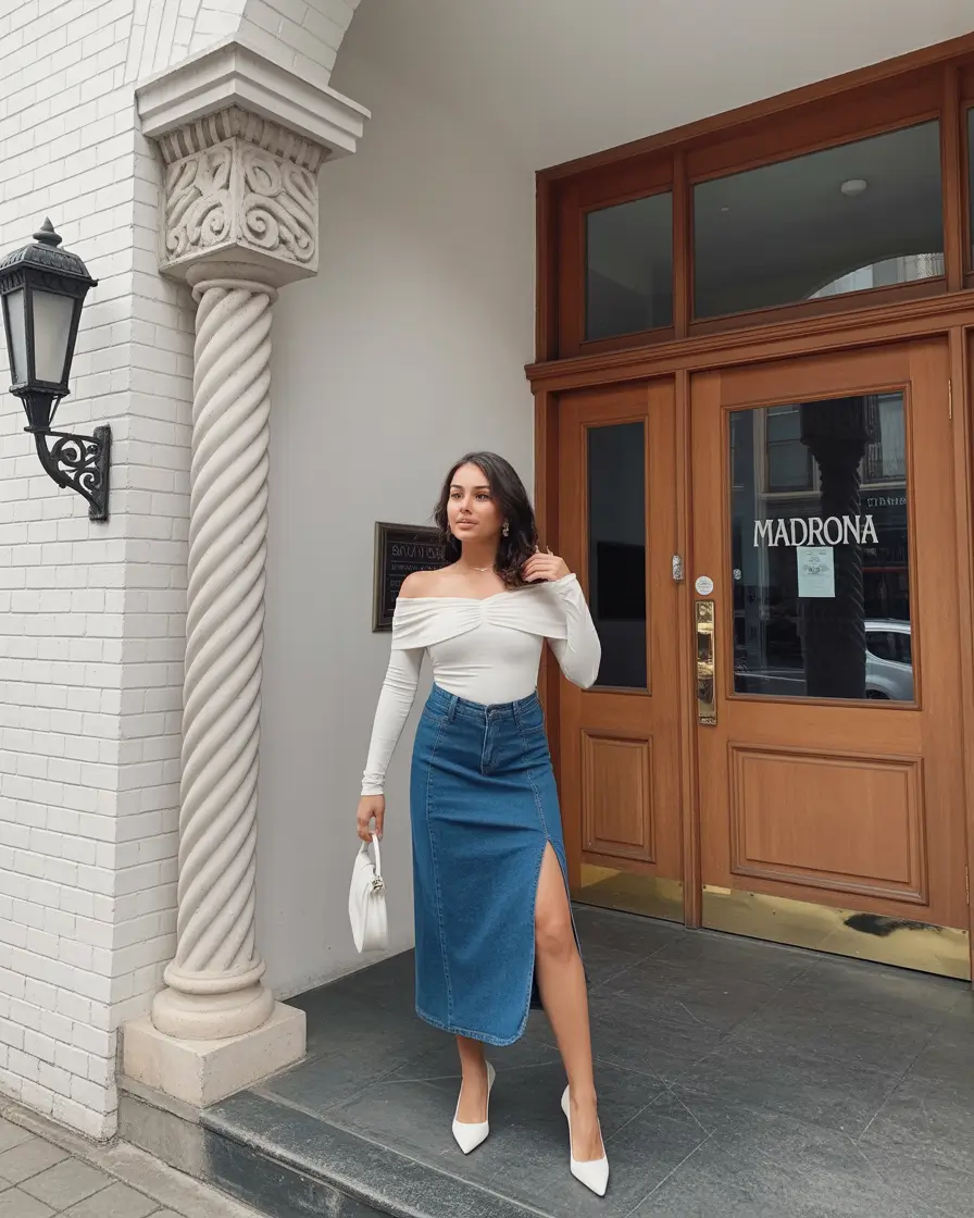 feminine midsize spring outfits 2026 White Off Shoulder With Blue Denim Grace