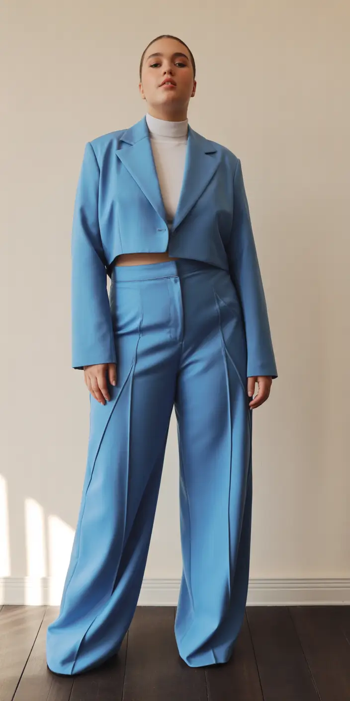 feminine midsize spring outfits 2026 Sky Blue Suit With Sculpted Spring Confidence