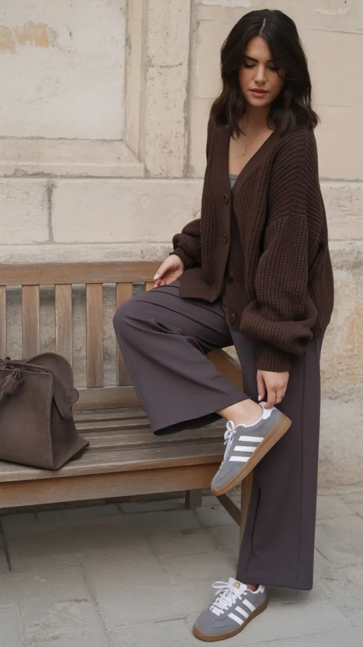 feminine midsize spring outfits 2026 Chocolate Layers With Relaxed Soft Movement