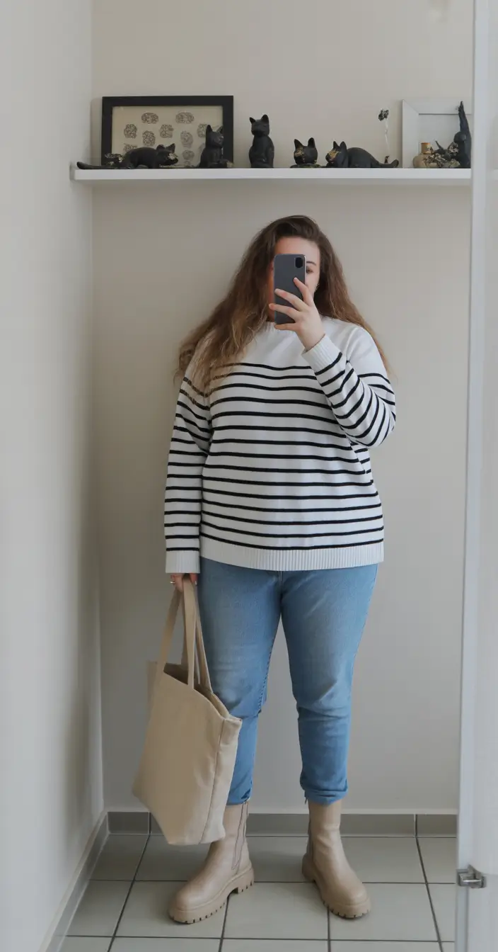 feminine midsize spring outfits 2026 Soft Stripes With Cool Toned Denim Ease