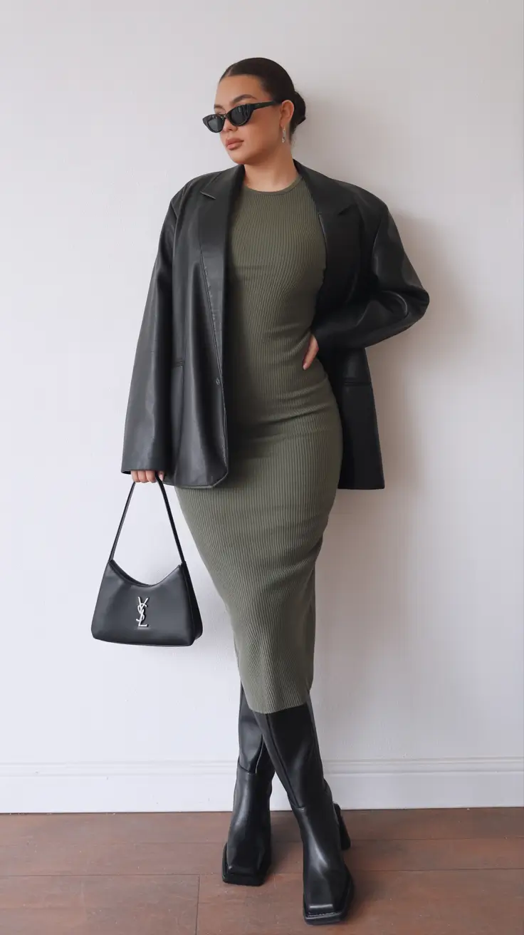 feminine midsize spring outfits 2026 Olive Knit With Sharp Black Layers