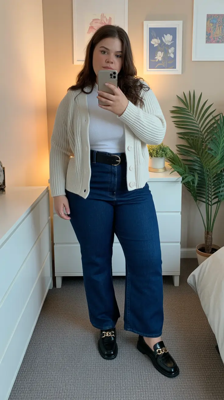 feminine midsize spring outfits 2026 Creamy Neutrals With Deep Denim Balance