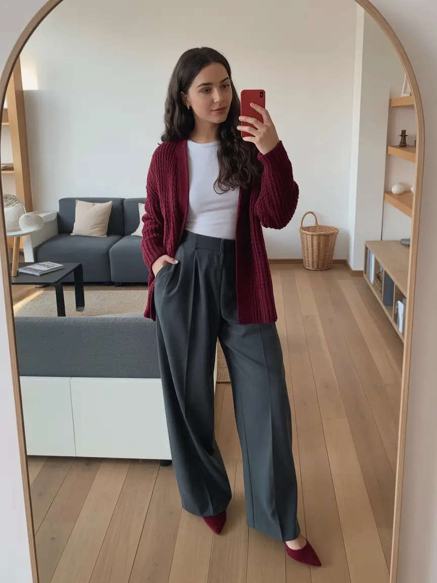 feminine midsize spring outfits 2026 Burgundy Layers With Structured Balance