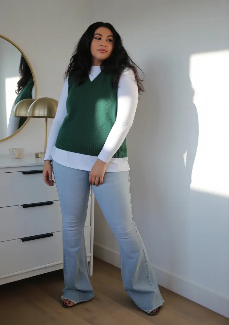 feminine midsize spring outfits 2026 Fresh Greens With Retro Denim Shape