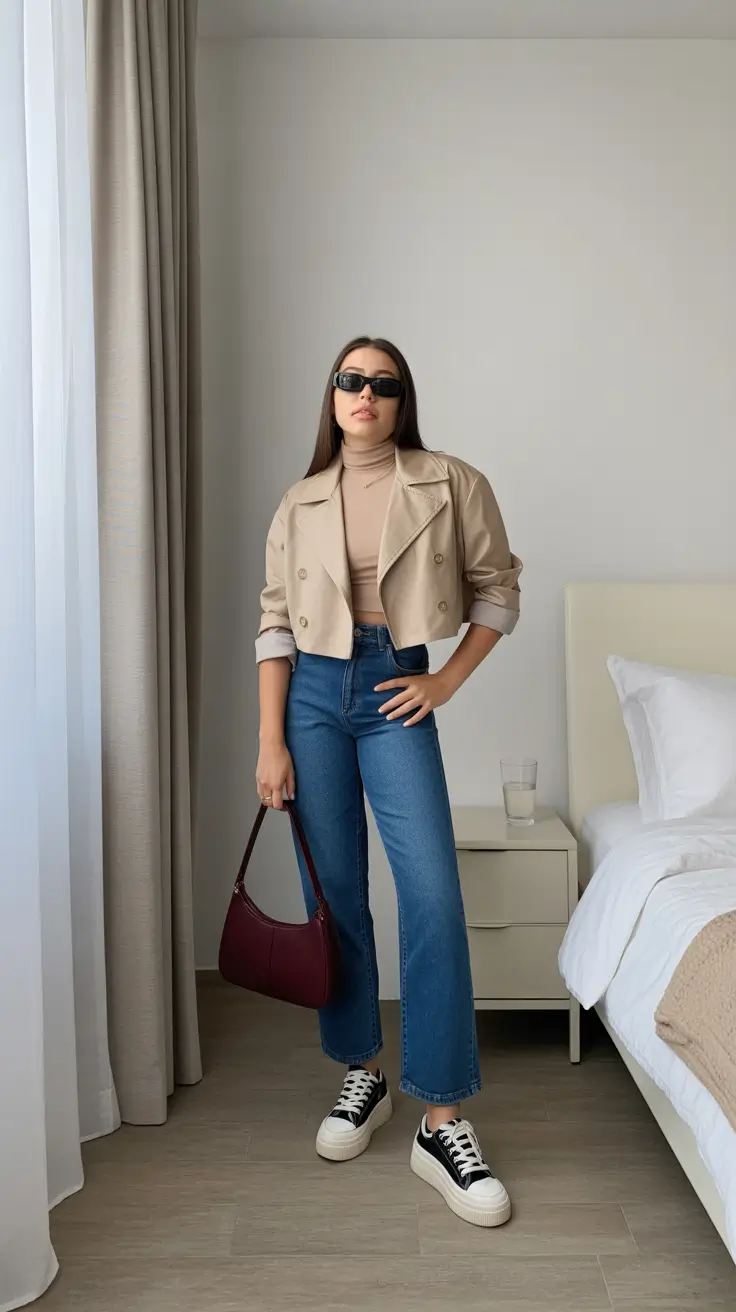 feminine midsize spring outfits 2026 Beige Layers With Classic Denim Ease