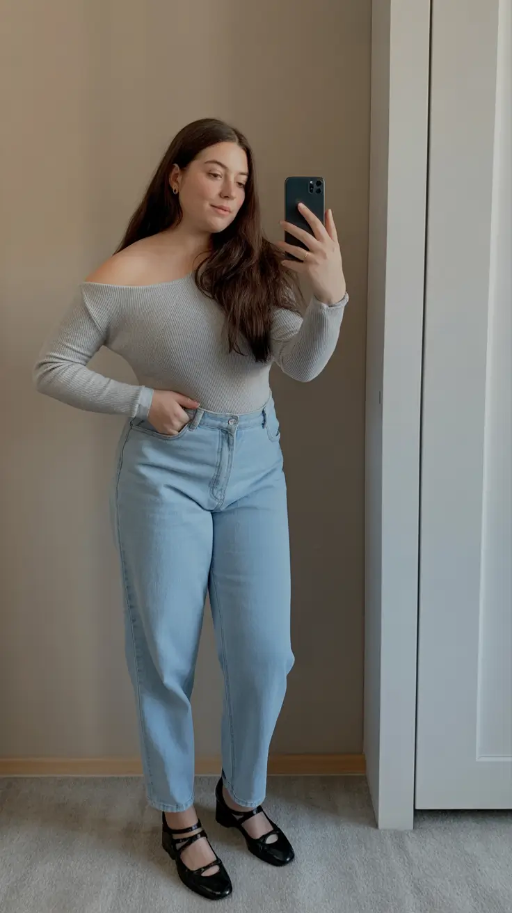 feminine midsize spring outfits 2026 Soft Knits With Fresh Light Denim