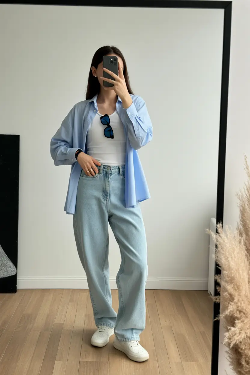 festive spring break outfit 2026 Pale Blue Layers for an Easy Daytime Adventure