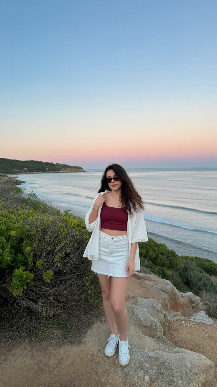 festive spring break outfit 2026 Sunset Tones with Clean White Denim for a Coastal Evening