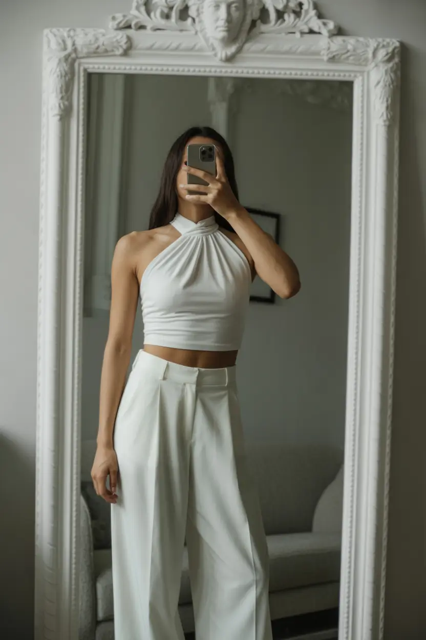 festive spring break outfit 2026 All White Elegance with a Modern Halter Twist