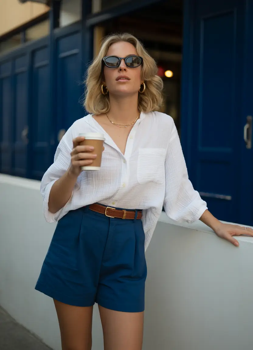 festive spring break outfit 2026 Relaxed Button Down and Tailored Shorts for an Easy Morning Stroll