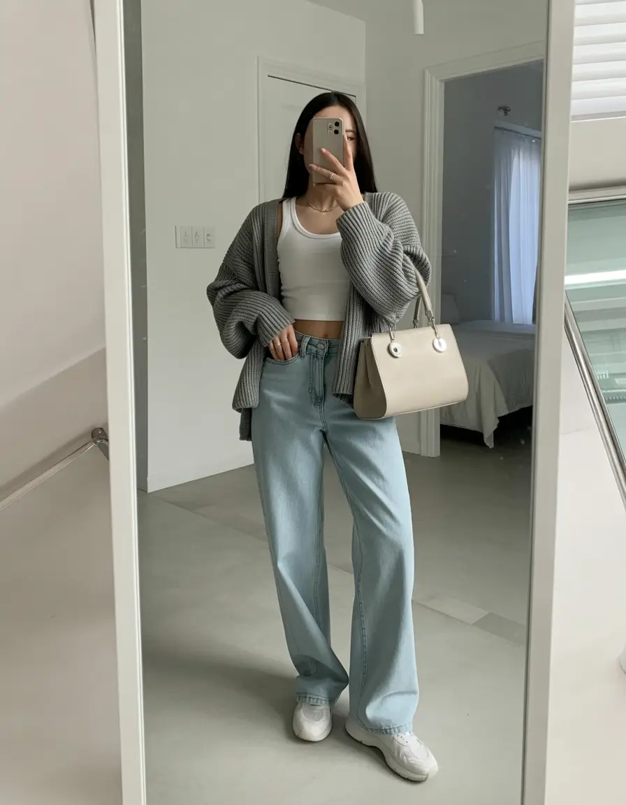 festive spring break outfit 2026 Soft Grays and Light Denim for Cozy Casual Days