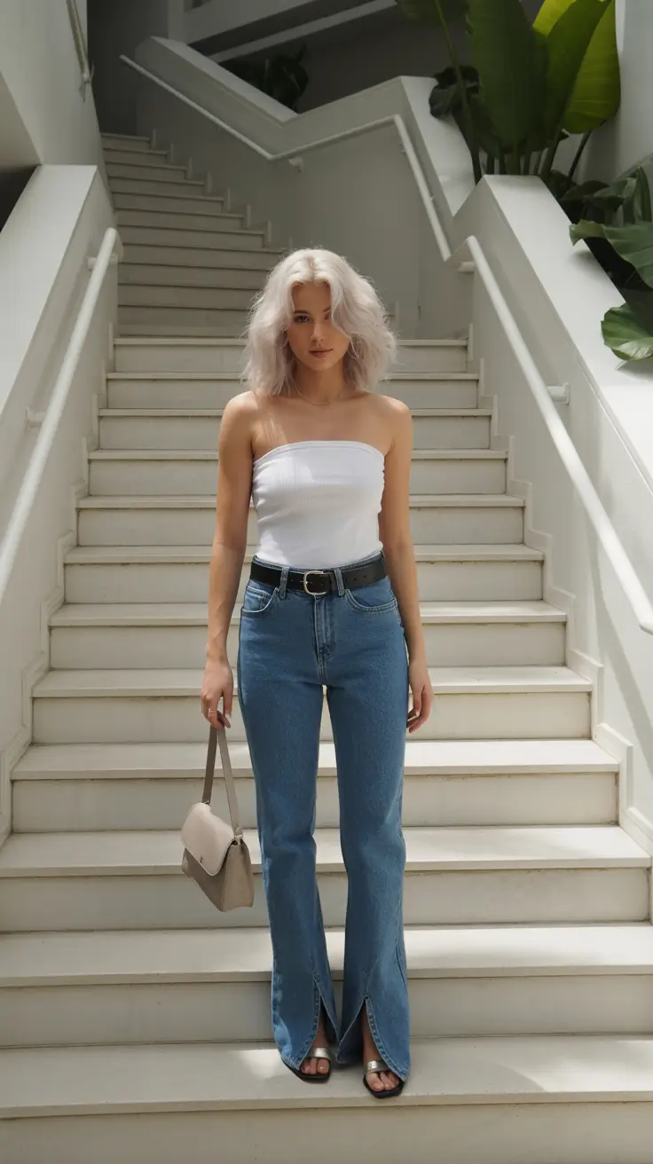 festive spring break outfit 2026 Minimal White Bandeau with Clean Denim for Warm Sunny Mornings