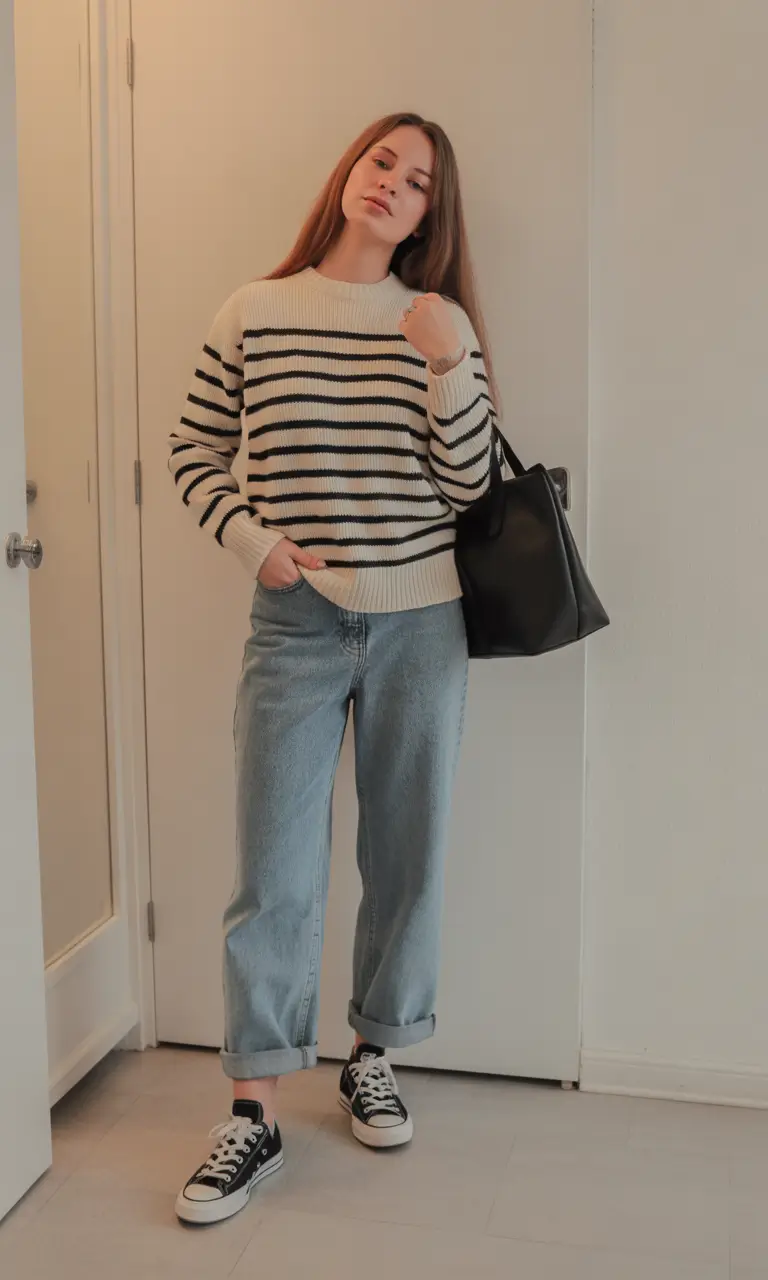 festive spring break outfit 2026 Striped Comfort for Cool Spring Mornings