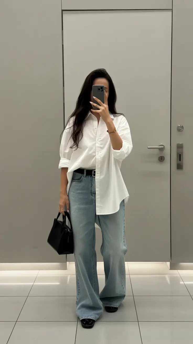 festive spring break outfit 2026 Crisp White Shirt with Airy Denim for a Relaxed Day