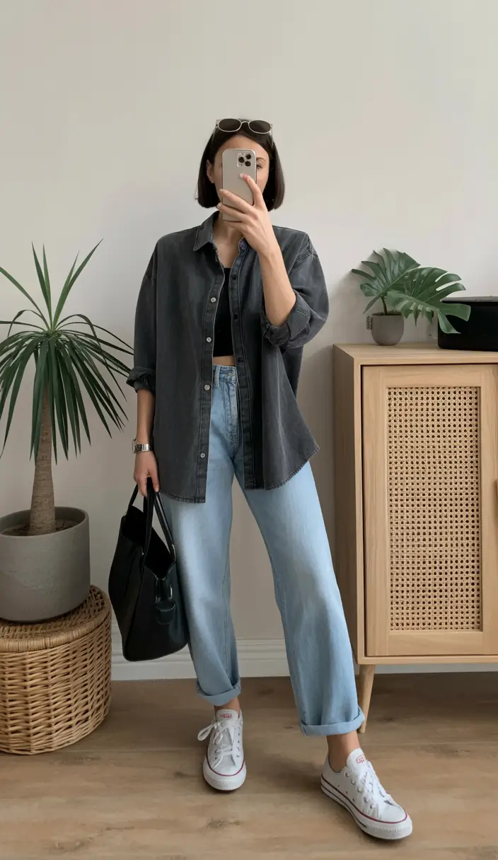 spring mom outfits 2026 Relaxed Denim Shirt With Light Wash Spring Denim