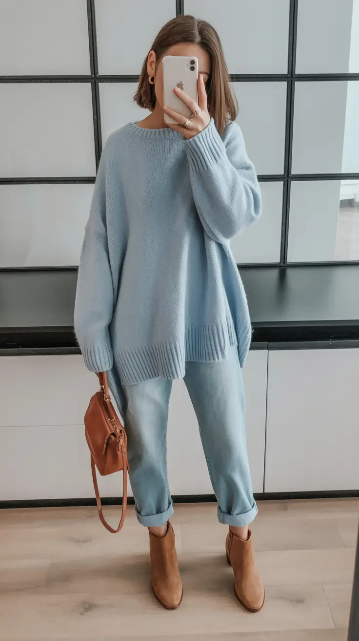 spring mom outfits 2026 Soft Blue Knit With Warm Tan Boots And Rolled Denim