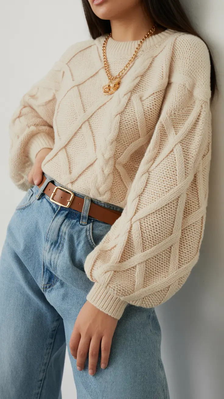 spring mom outfits 2026 Cable Knit Texture With Classic Denim Warmth
