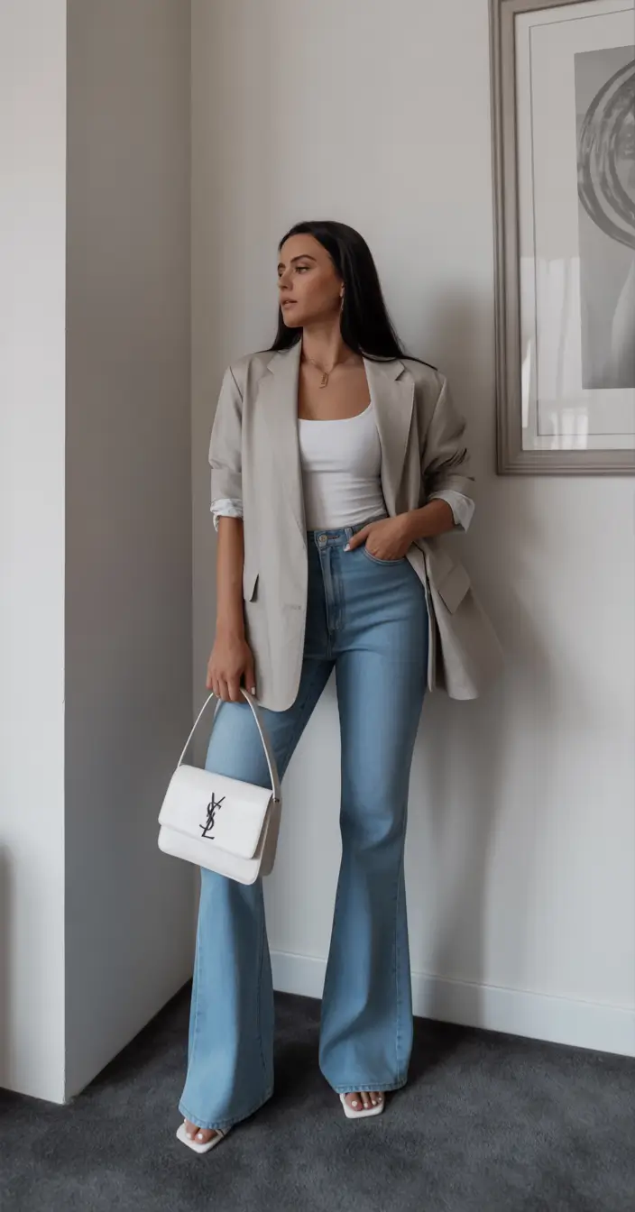 spring mom outfits 2026 Blazer Polish With Flared Denim Confidence