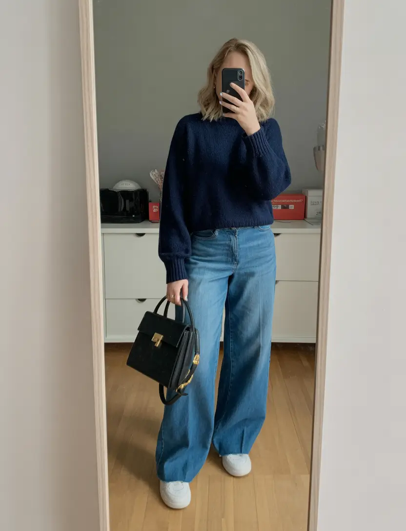 spring mom outfits 2026 Deep Navy Knit With Wide Denim Ease