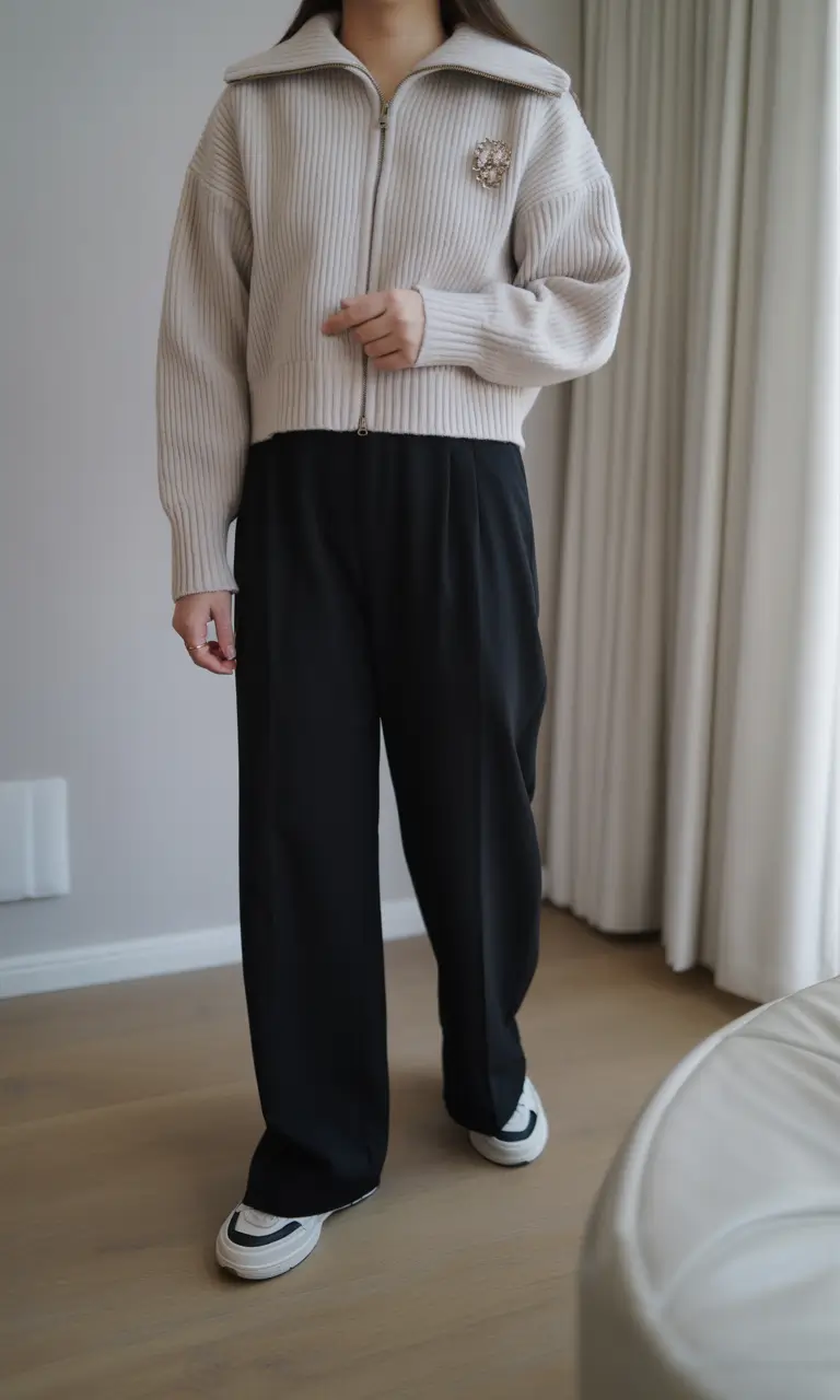 spring mom outfits 2026 Structured Ribbed Zip Knit With Relaxed Black Trousers