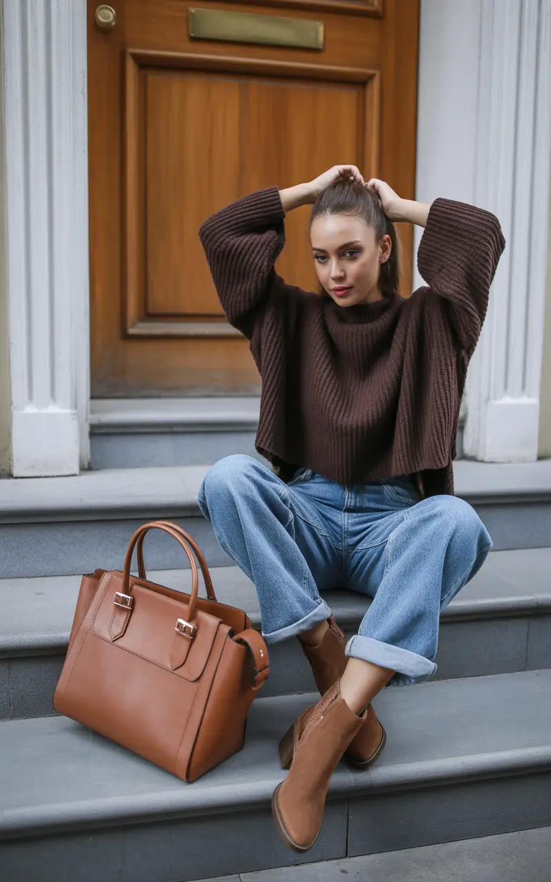 spring mom outfits 2026 Warm Brown Knits With Rolled Denim Softness