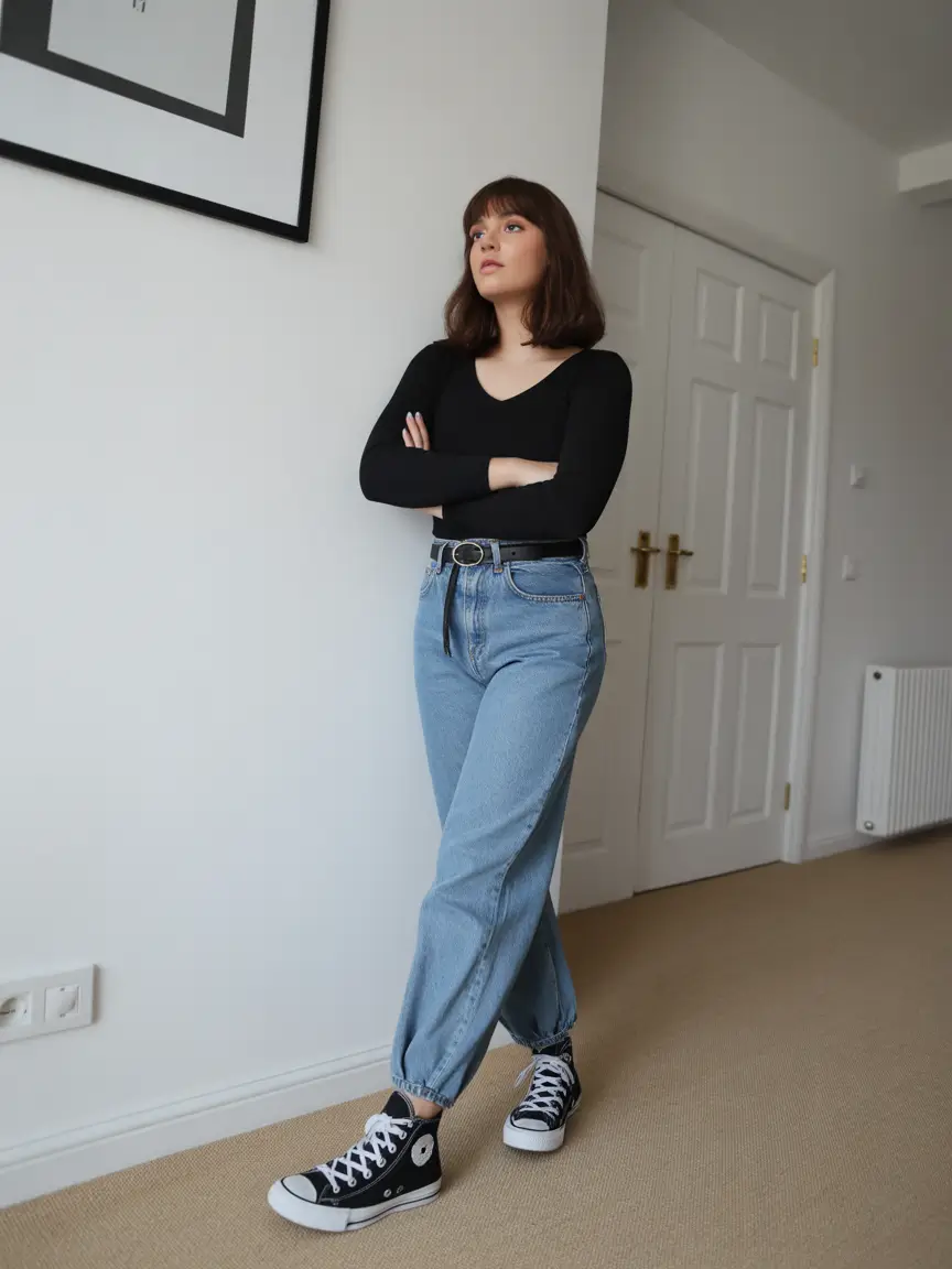 spring mom outfits 2026 Black Knit Simplicity With Tapered Denim Ease