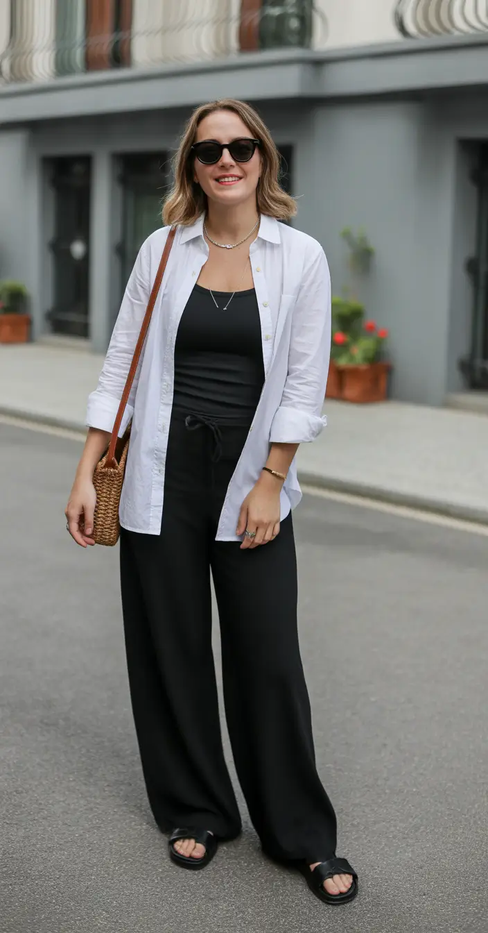 spring mom outfits 2026 Crisp White Shirt With Easy Black Lounge Pants
