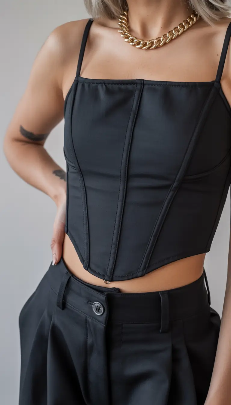 fresh spring outfits for women over 30 2026 Black Corset Minimalism with Gold Accents