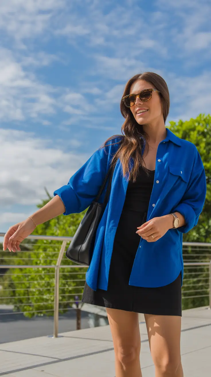 fresh spring outfits for women over 30 2026 Bright Blue Overshirt with a Clean Black Base