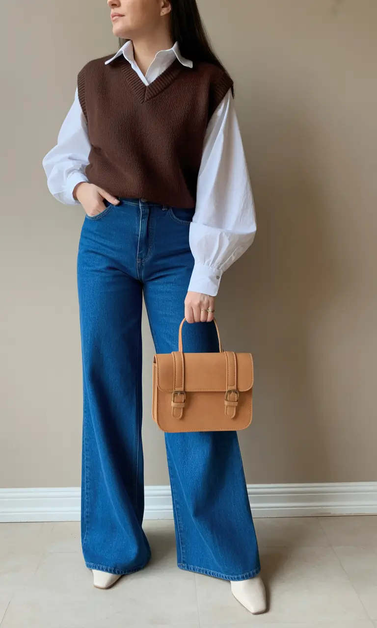 fresh spring outfits for women over 30 2026 Warm Layered Vest Look with Wide Leg Denim