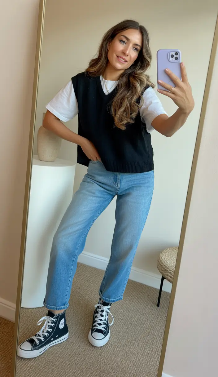 fresh spring outfits for women over 30 2026 Layered Vest and Denim for a Playful Spring Twist