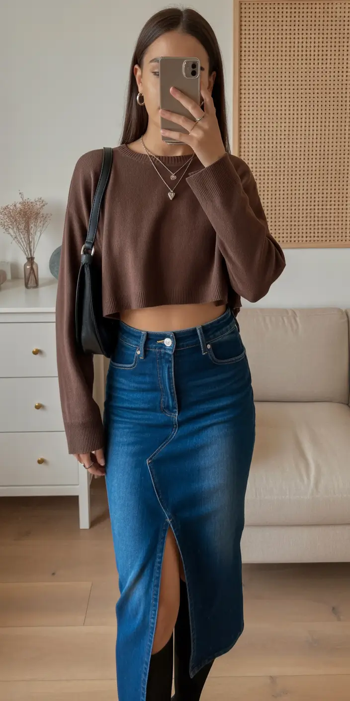 fresh spring outfits for women over 30 2026 Chocolate Knit and Denim Maxi Skirt with a Fresh Spring Mood