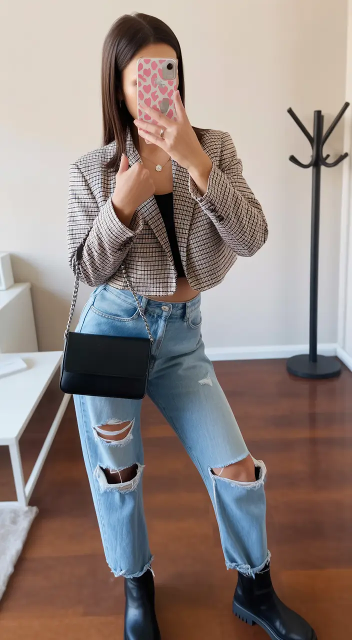 fresh spring outfits for women over 30 2026 Cropped Blazer and Distressed Denim for an Edgy Spring Contrast