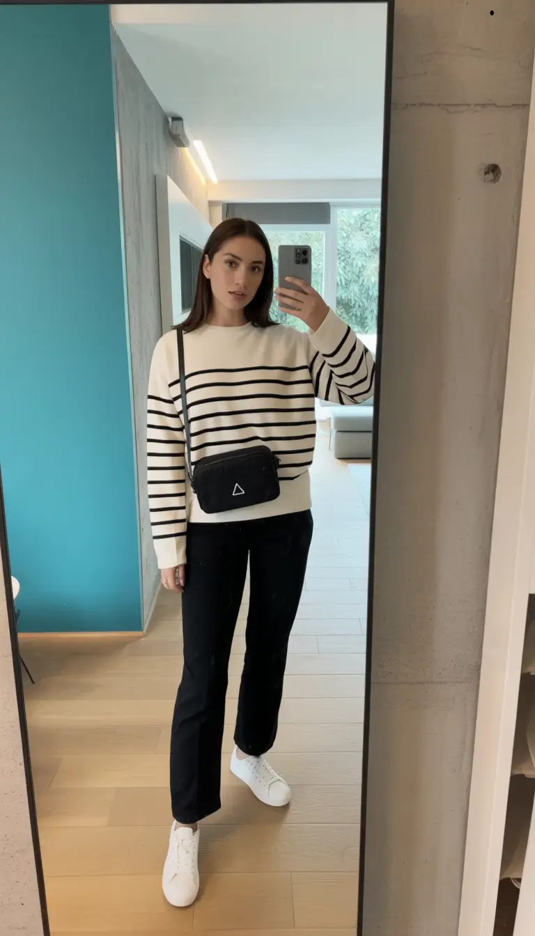 fresh spring outfits for women over 30 2026 Striped Knit and Black Trousers for Easy Spring Structure